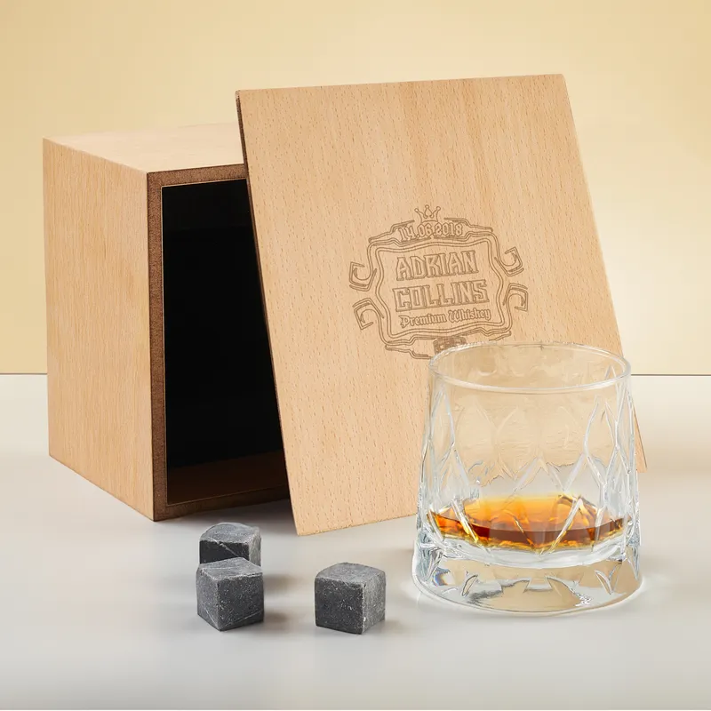 Custom Engraved Whiskey Glass Set in Wooden Box for Men