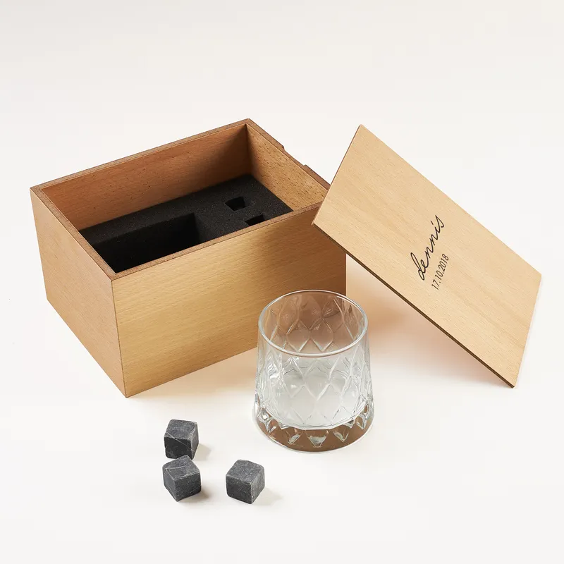 Custom Engraved Whiskey Glass Set with Artisanal Wooden Box