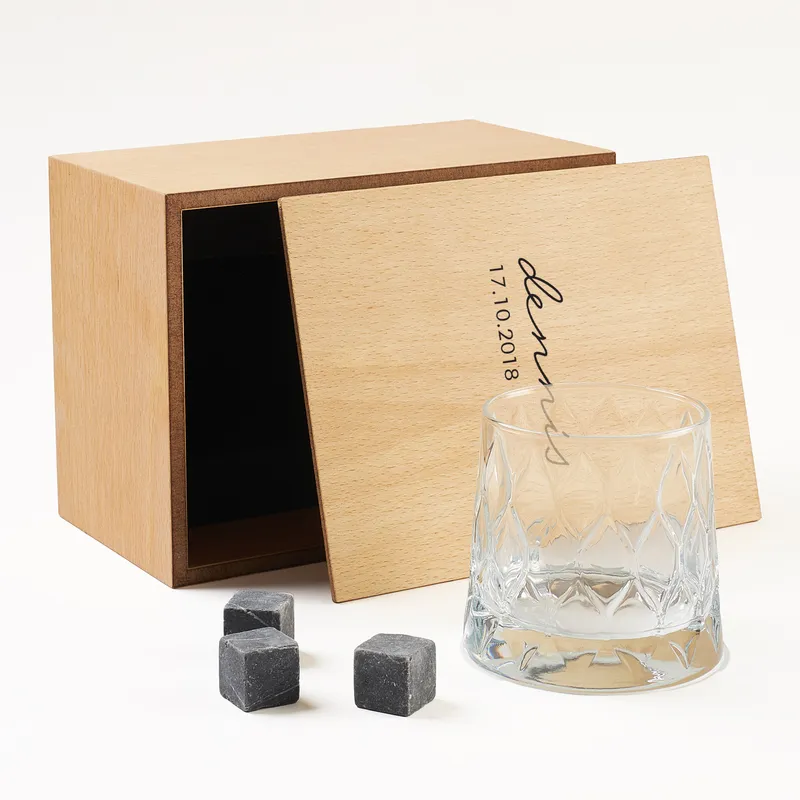 Custom Engraved Whiskey Glass Set with Artisanal Wooden Box