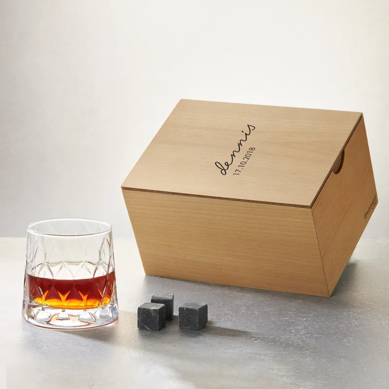 Personalized Whiskey Glasses Set With Engraved Wooden Box