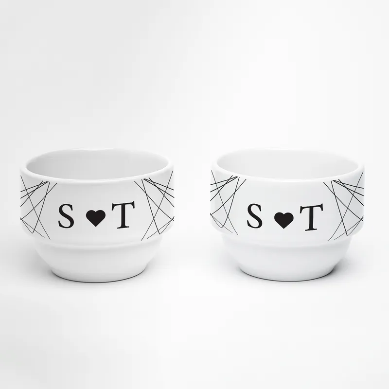 Personalised Initials Ceramic Bowls with Heart Design Set