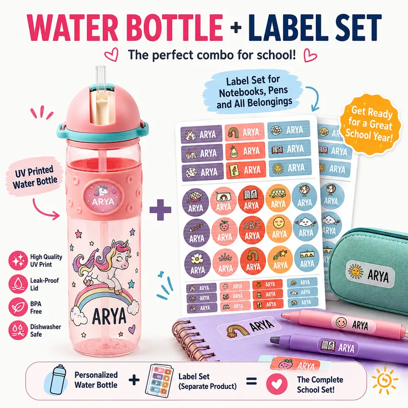 Custom Kids School Set – Water Bottle, Name Stickers or Iron-On Clothing Labels