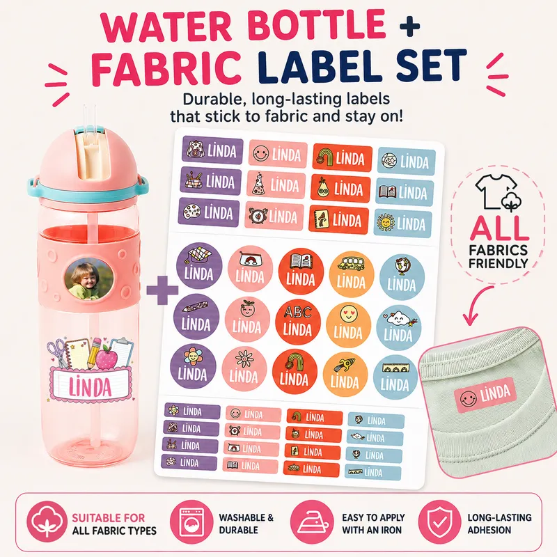 Custom Kids School Set – Water Bottle, Name Stickers or Iron-On Clothing Labels