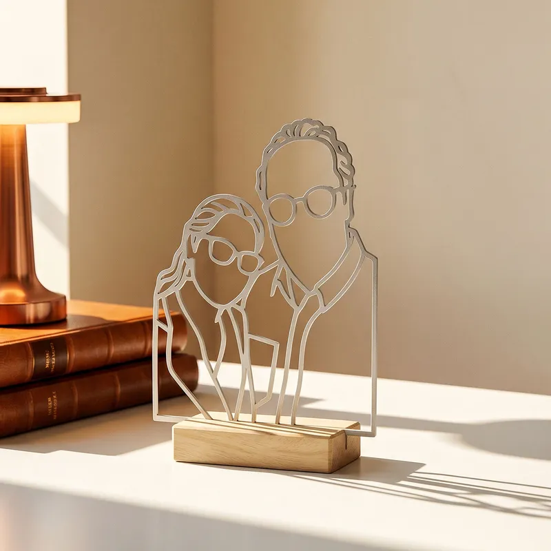 Custom Line Art Couple Portrait with Wood Stand