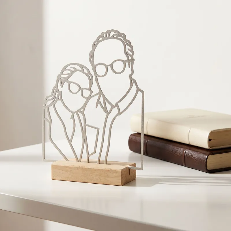 Custom Line Art Couple Portrait with Wood Stand
