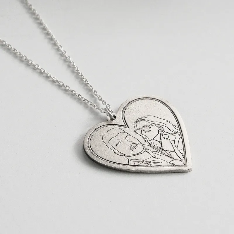 Custom Line Art Photo Necklace Drawing 925 Sterling Silver Heart