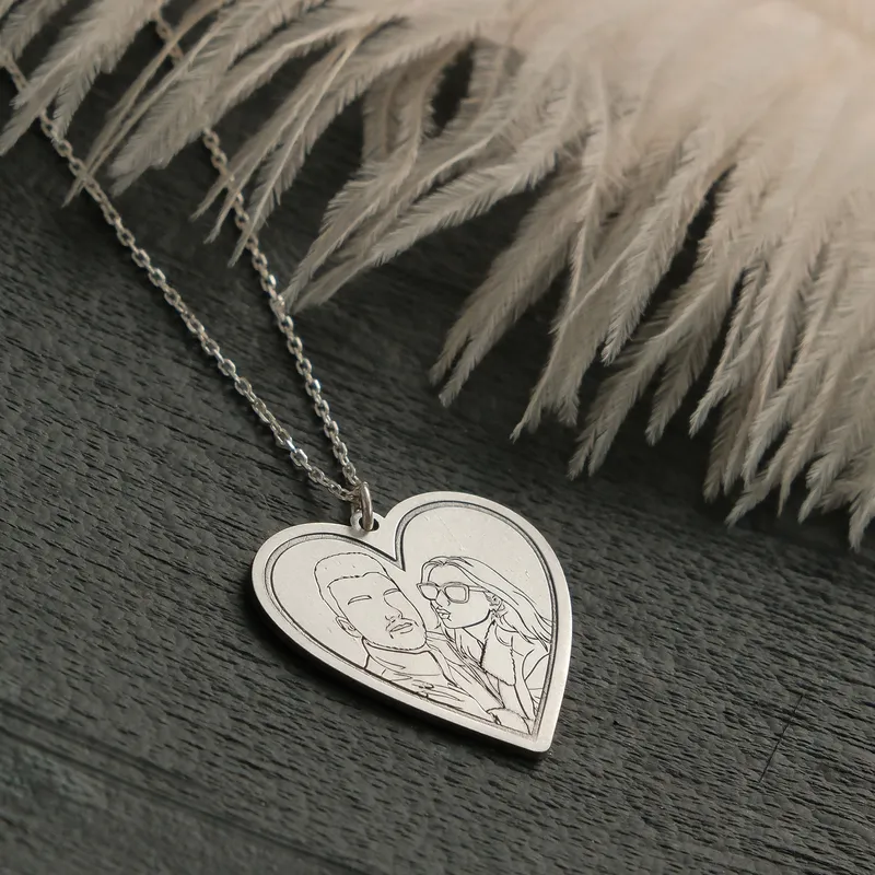 Custom Line Art Photo Necklace Drawing 925 Sterling Silver Heart