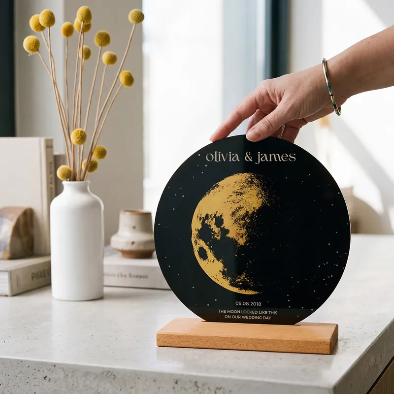 Custom Moon Phase Plaque with Wood Stand for Couples