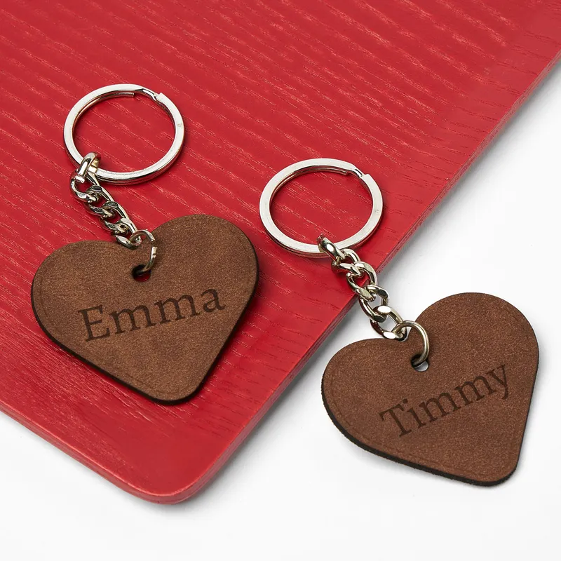 Custom Name Heart Leather Keychain - Set Of 2