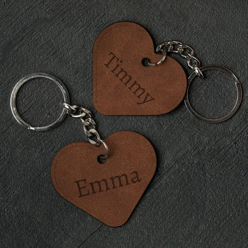Custom Name Heart Leather Keychain - Set Of 2