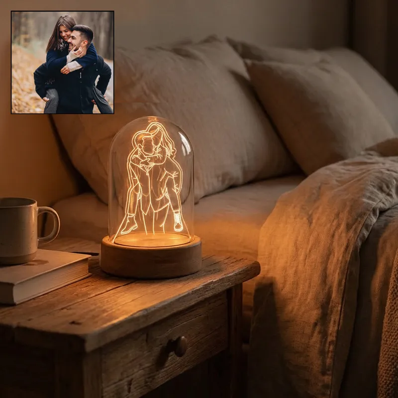 Custom Photo Line Art Glass Dome Couple Lamp