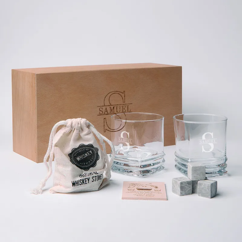 Custom Wooden Box Whiskey Glass Set with Monogram