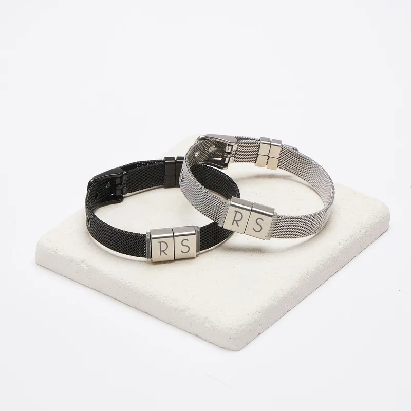 Customizable Men's Woven Bracelet with Initials and Twin Buckle