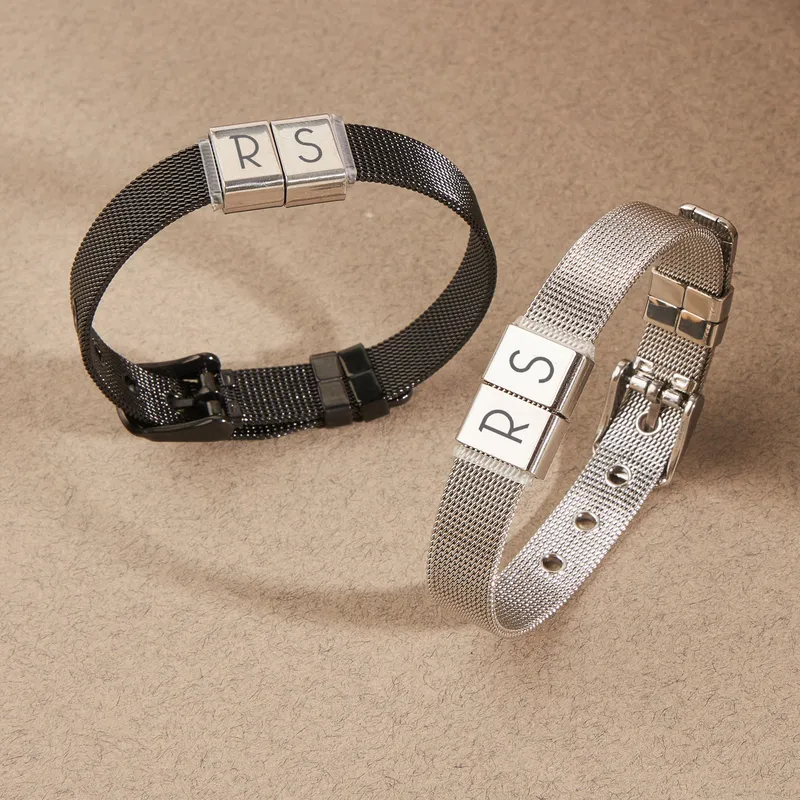 Customizable Men's Woven Bracelet with Initials and Twin Buckle