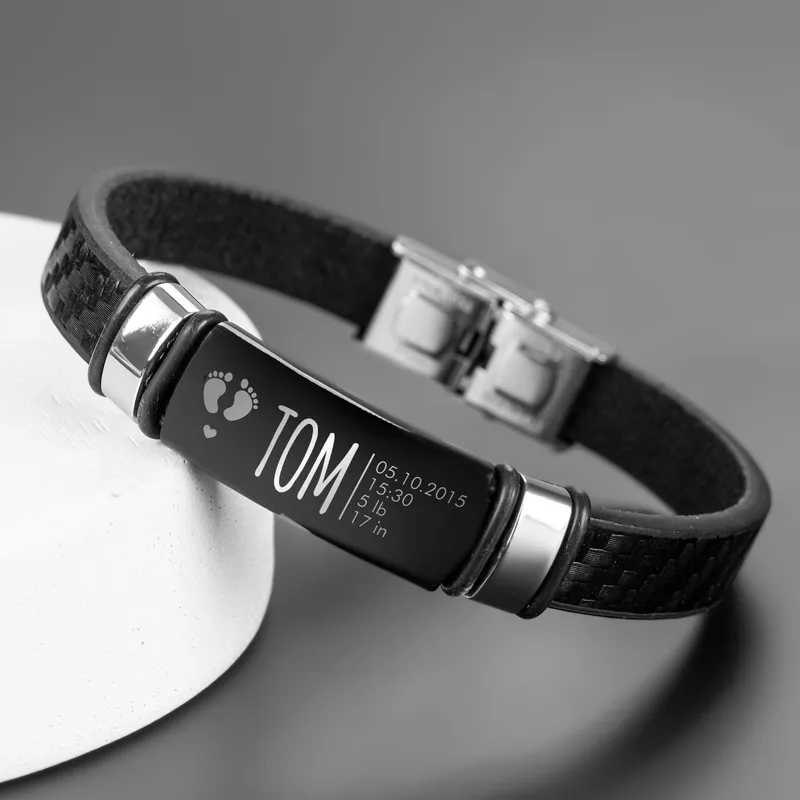 Customized Leather Bracelet with Baby's Name - First Fathers Day Gift