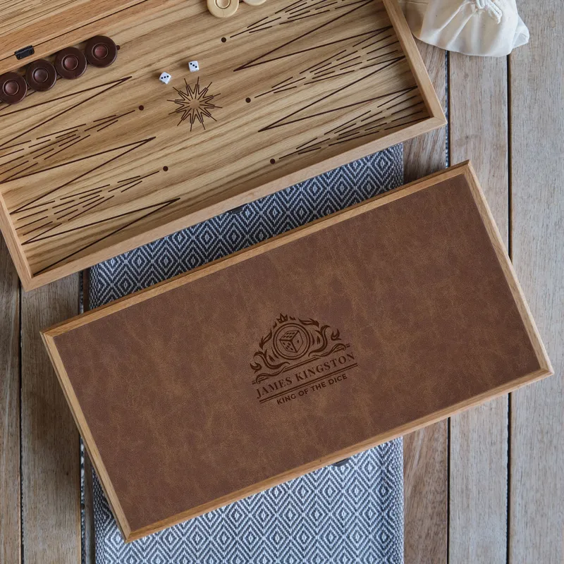 Customized Oak Backgammon Set with Leather Cover for Enthusiasts