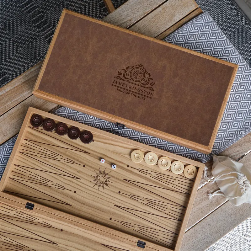 Customized Oak Backgammon Set with Leather Cover for Enthusiasts
