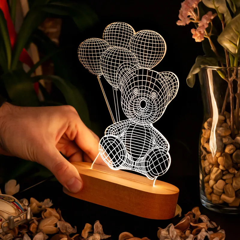 Cute Teddy Bear Holding Balloon 3D Led Lamp