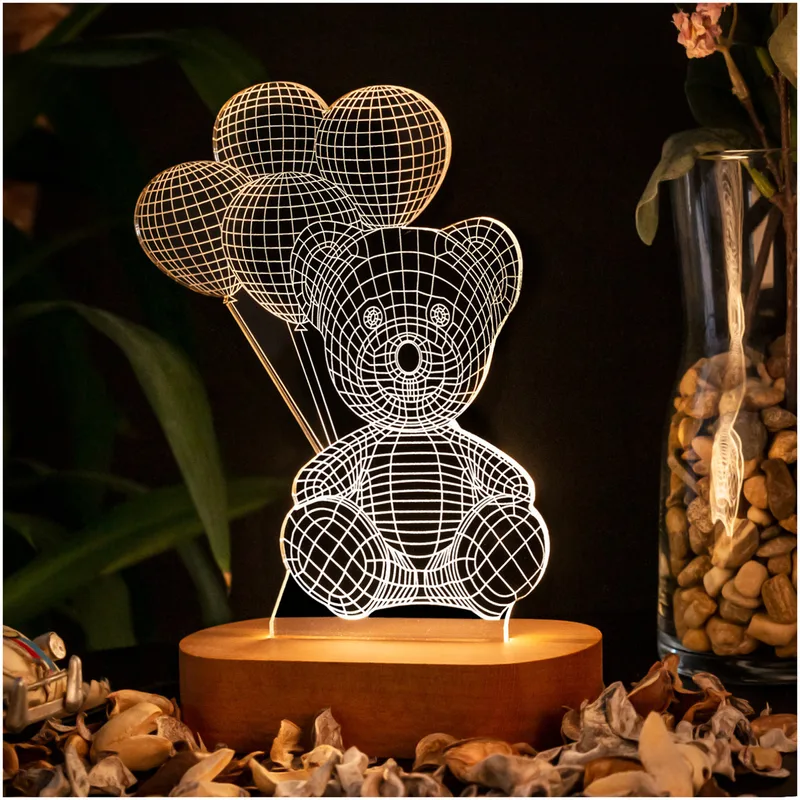 Cute Teddy Bear Holding Balloon 3D Led Lamp