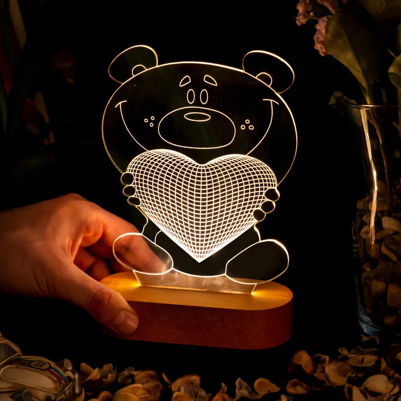 Cute Teddy Bear Holding Heart 3D Led Lamp