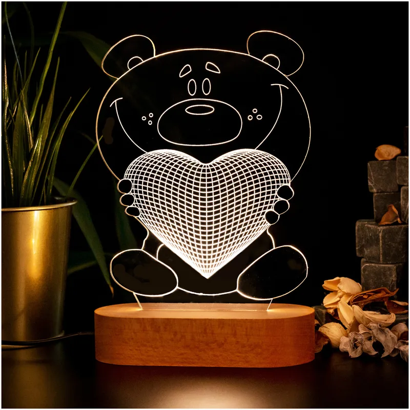 Cute Teddy Bear Holding Heart 3D Led Lamp