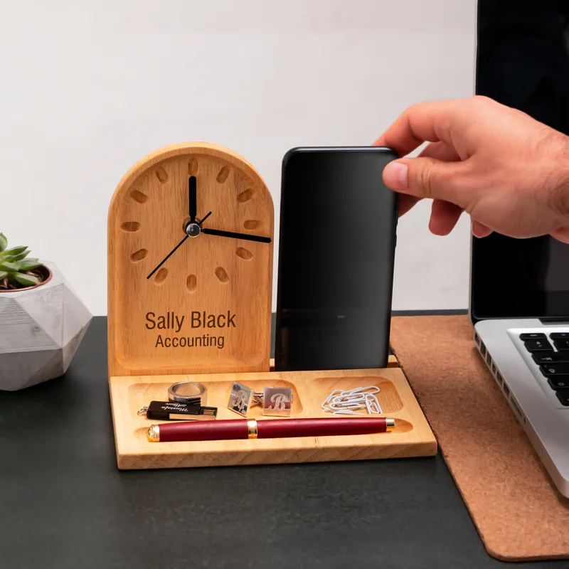 Personalised Wooden Desk Organiser with Clock for Adults and Teens