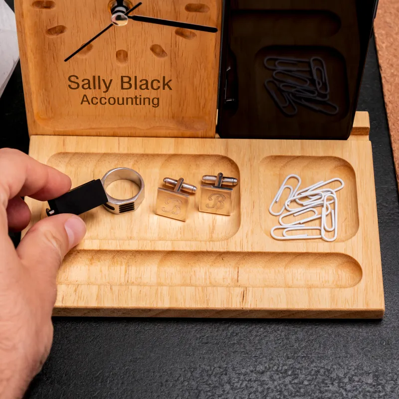Personalised Wooden Desk Organiser with Clock for Adults and Teens