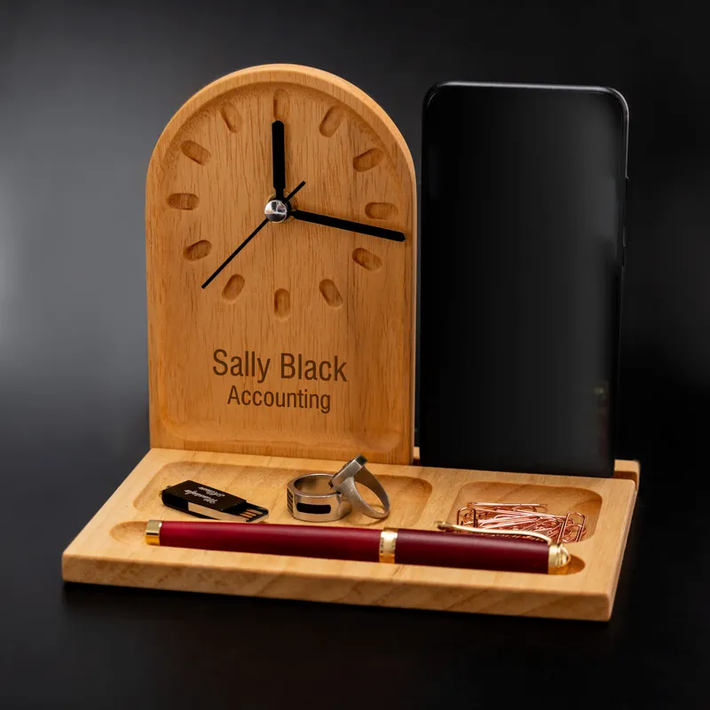 Personalised Wooden Desk Organiser with Clock for Adults and Teens