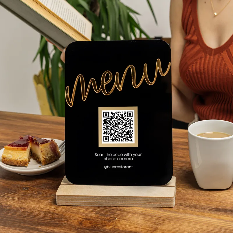 Digital Menu QR Code Design Idea Acrylic Plaque with Wooden Base