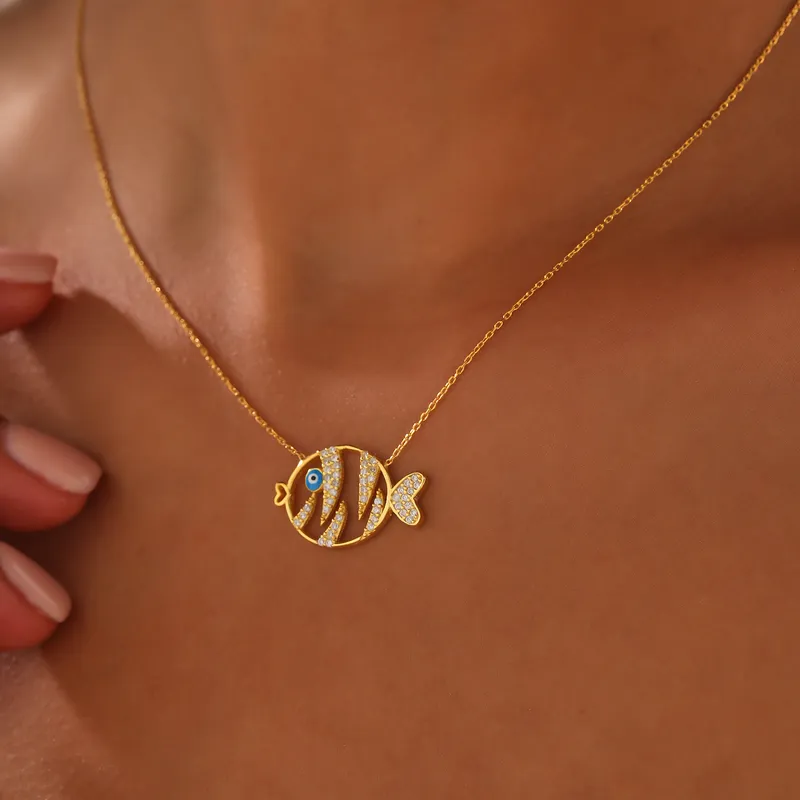 Gold Plated Enameled Fish Necklace for Women