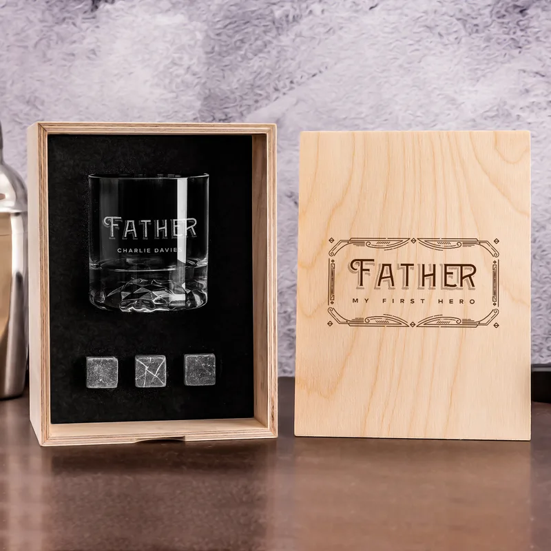 Father's Day Gifts Personalized Whiskey Set in Custom Wooden Box