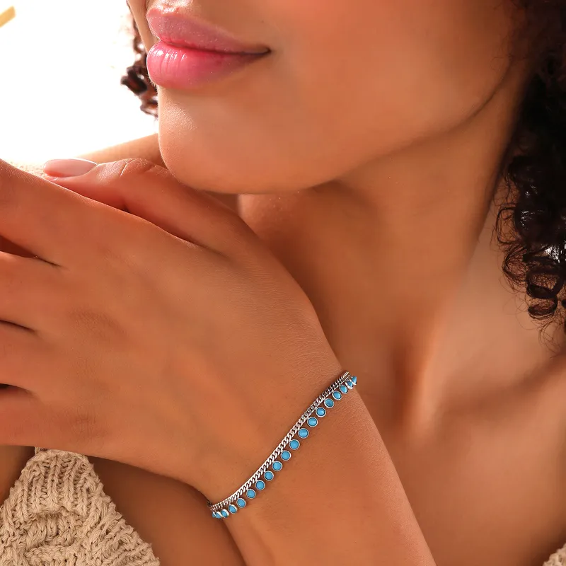 Figaro Chain Silver Bracelet with Blue Zirconia Stones