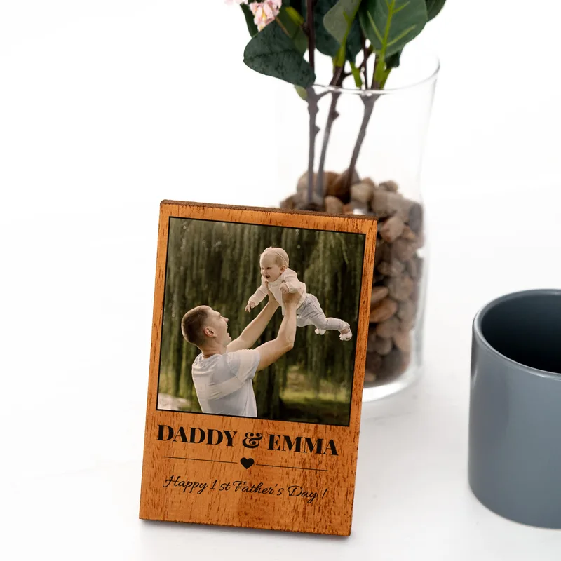 First Father's Day Gift for Dad Name and Photo Printed Wooden Frame with Special Message