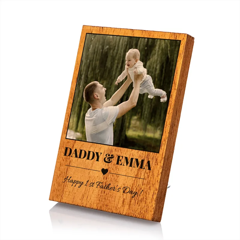 First Father's Day Gift for Dad Name and Photo Printed Wooden Frame with Special Message