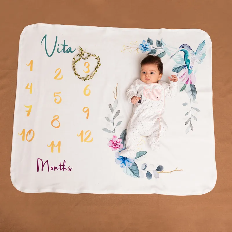 Personalised Baby Milestone Blanket with Floral Bird Design
