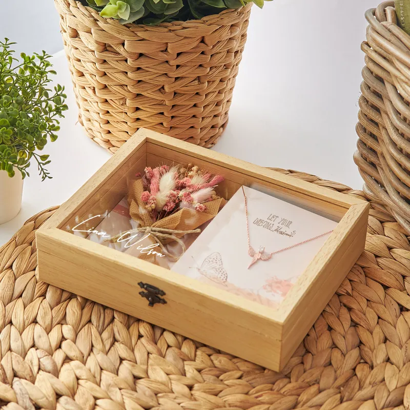 Flower Bouquet Silver Angel Necklace - Wooden Box with Name