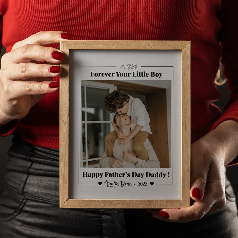 Forever your Little Boy Gift for Father with Photo and Name Printed Wooden Picture Frame and Decorative LED Lamp