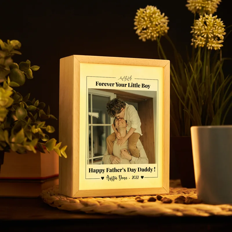 Forever your Little Boy Gift for Father with Photo and Name Printed Wooden Picture Frame and Decorative LED Lamp