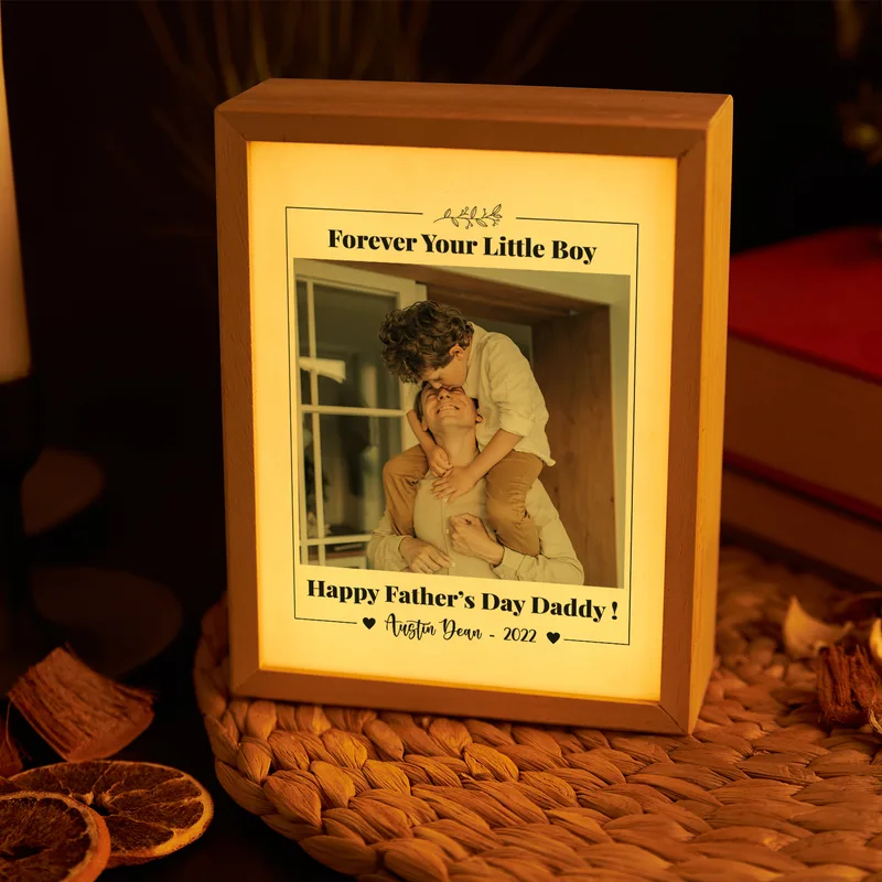 Forever your Little Boy Gift for Father with Photo and Name Printed Wooden Picture Frame and Decorative LED Lamp
