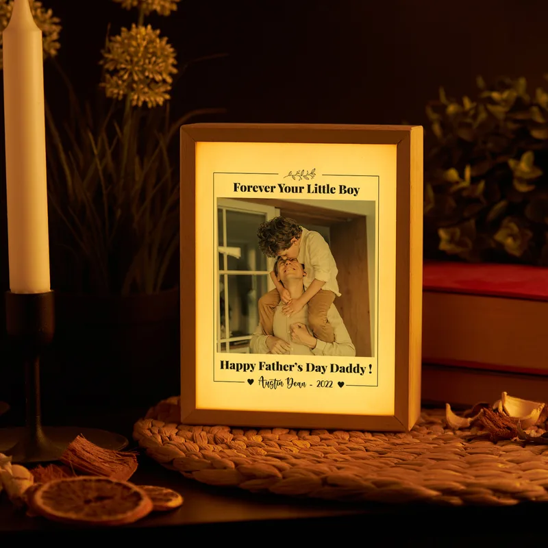 Forever your Little Boy Gift for Father with Photo and Name Printed Wooden Picture Frame and Decorative LED Lamp