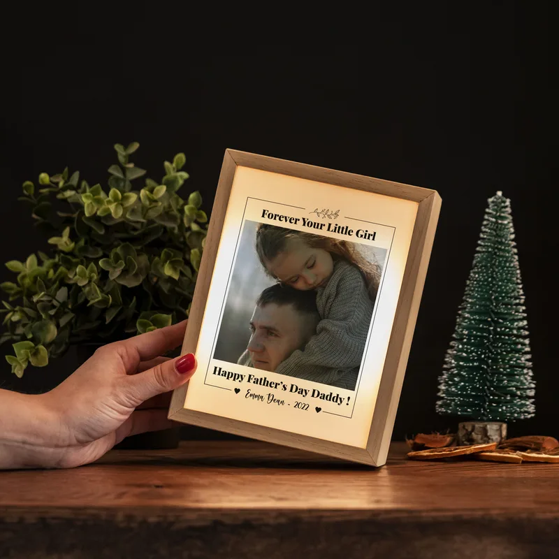 Forever your Little Boy Gift for Father with Photo and Name Printed Wooden Picture Frame and Decorative LED Lamp