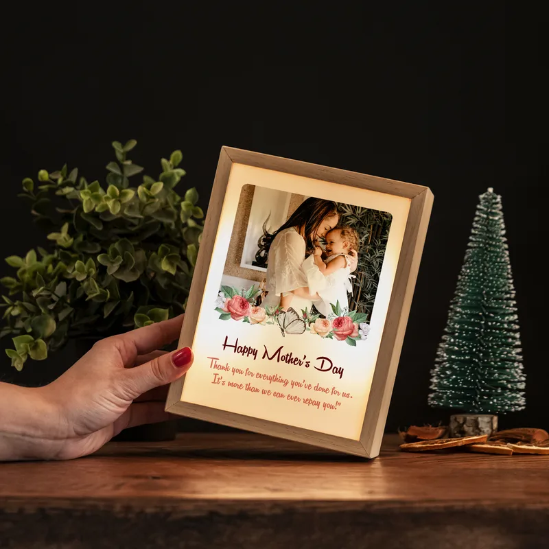 Personalised Wooden Photo Frame with LED Light for Mum