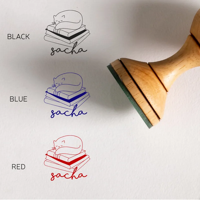 Gifts for Book Lovers Cat Design Wooden Book Stamp Set
