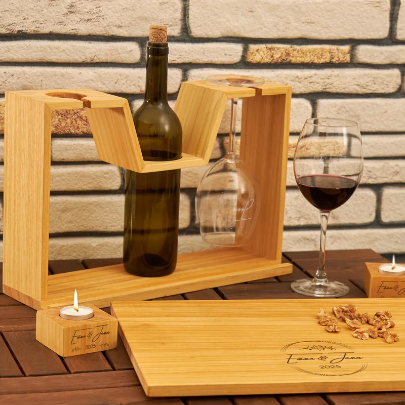 Gifts for Couples Personalized Wine Rack with Cheese Board and Candles Set