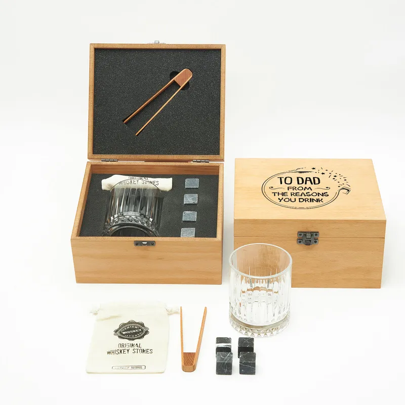 Gifts for Dad Wooden Box Glasgov Whiskey Glass and Cooling Stones Set