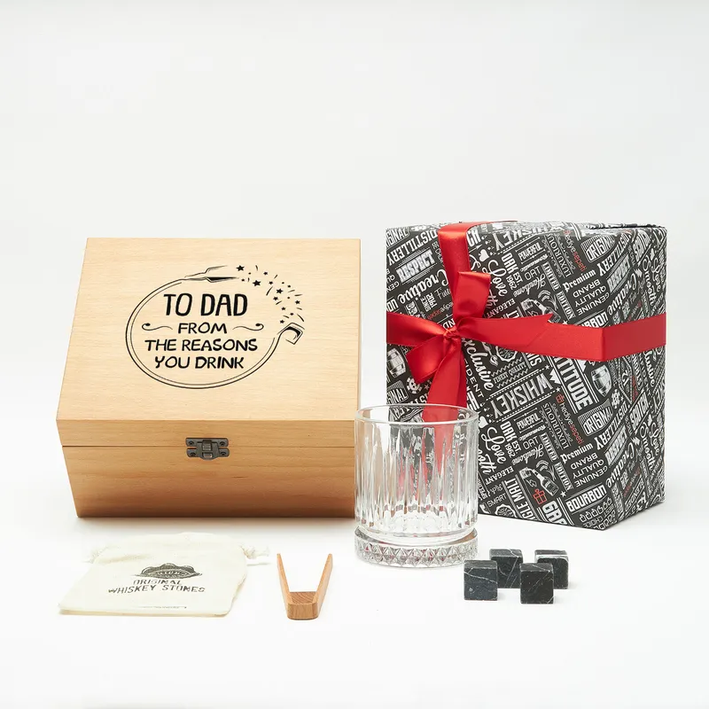 Gifts for Dad Wooden Box Glasgov Whiskey Glass and Cooling Stones Set