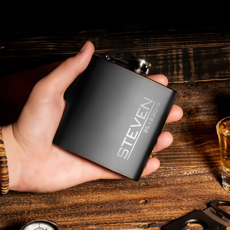 Gifts for Friends Minimal Design Personalized Matte Black Hip Flask