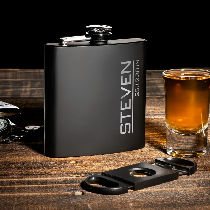 Gifts for Friends Minimal Design Personalized Matte Black Hip Flask