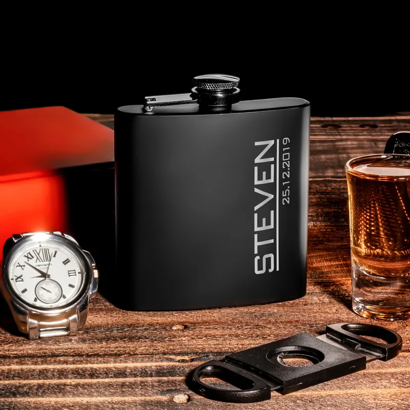 Gifts for Friends Minimal Design Personalized Matte Black Hip Flask