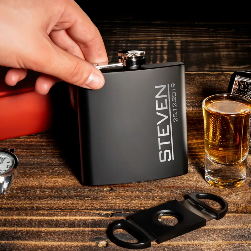 Gifts for Friends Minimal Design Personalized Matte Black Hip Flask
